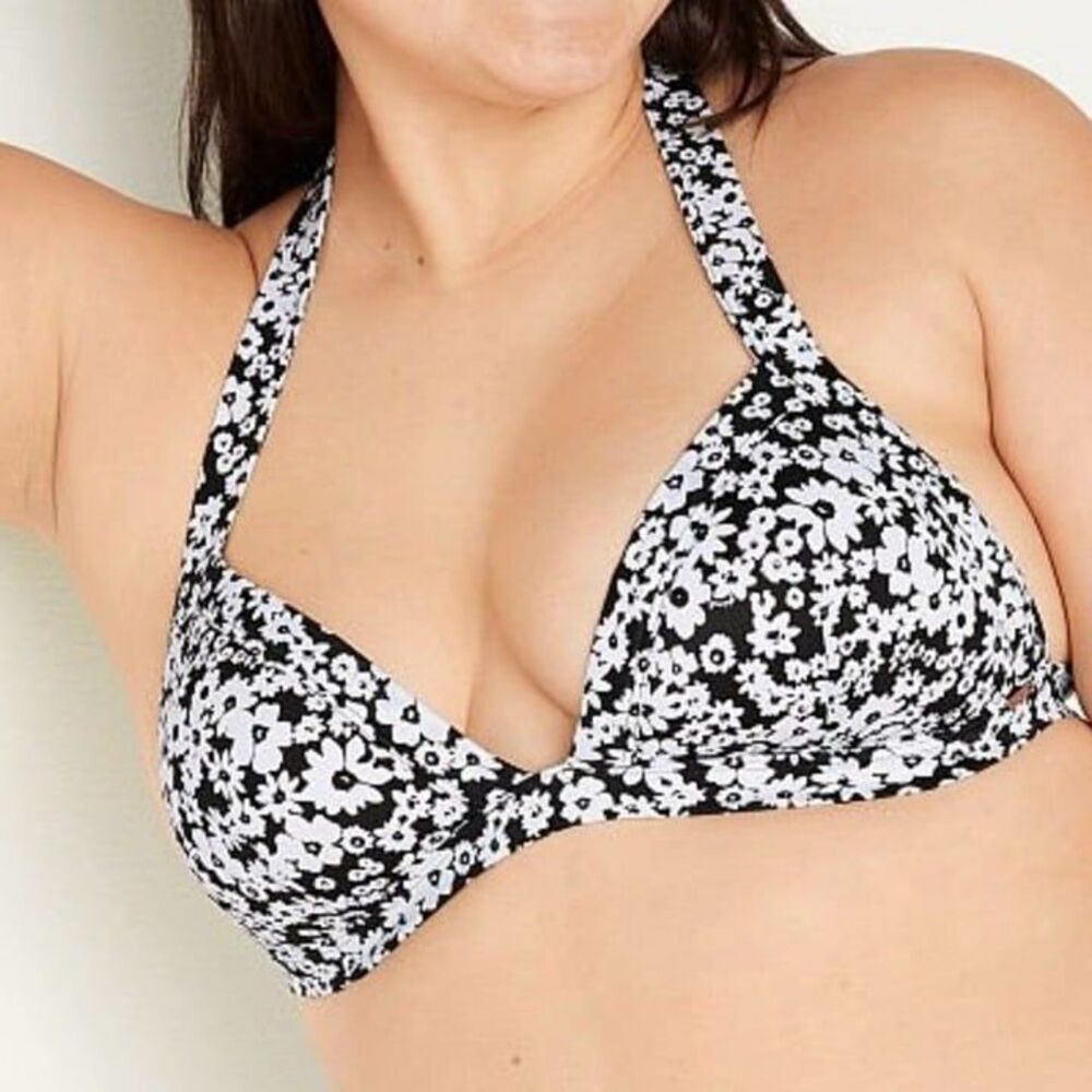 Pink Victoria's Secret NWT Sz L Black White Push Up Triangle Bikini Swim Top